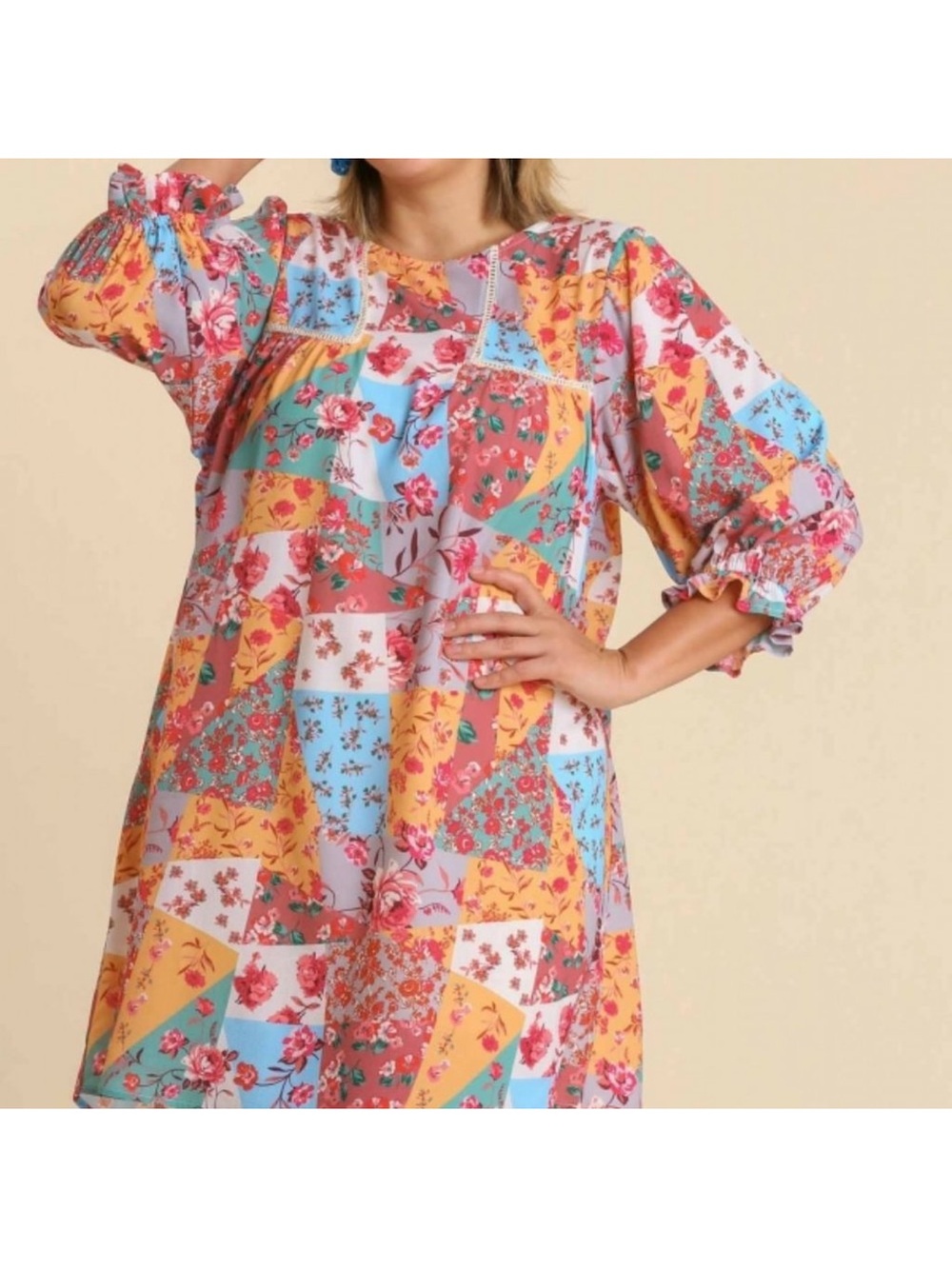 Umgee Floral Patchwork Long Sleeve Shift Dress cottagecore romantic festival - Picture 4 of 14